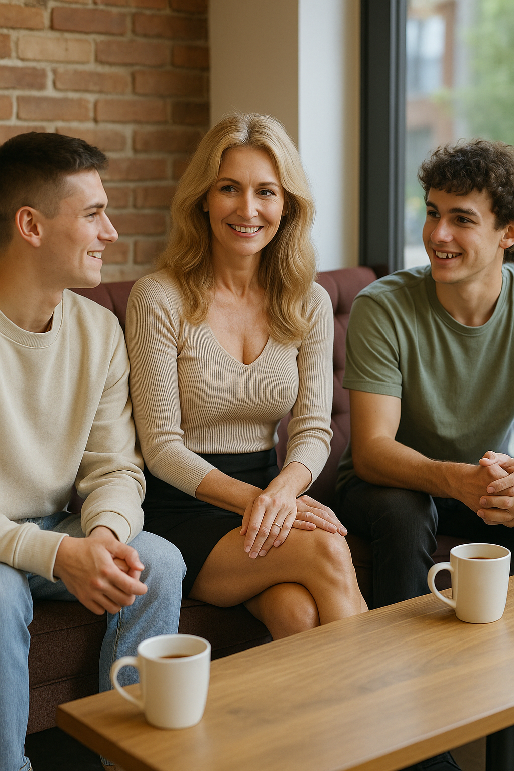 Middle-aged woman with young men in a café